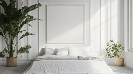 Minimalist Bedroom with White Bed and Plants