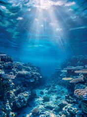 Fototapeta premium Underwater coral reef with fishes swimming in the sunlight