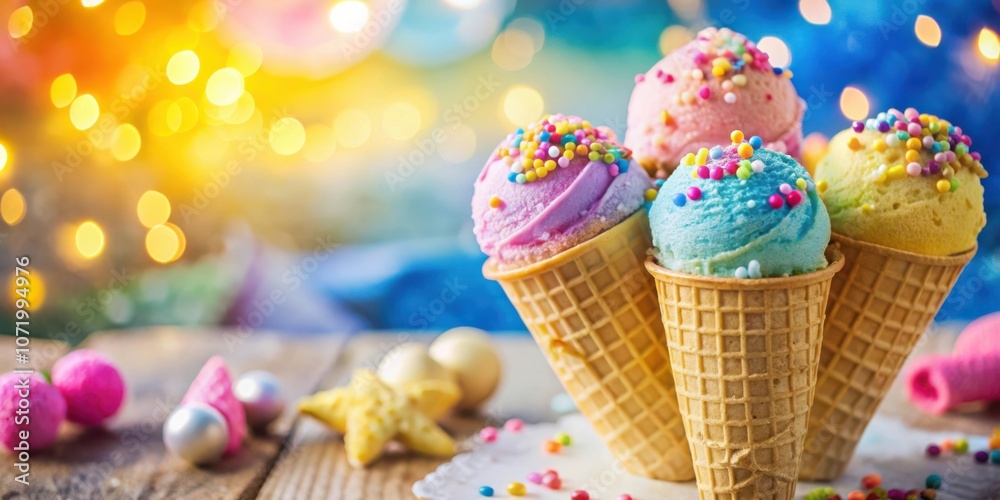 Aufkleber a colorful trio of ice cream cones topped with sprinkles resting on a wooden surface with a blurred 