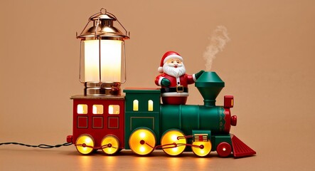 Naklejka premium Light up Christmas train lantern with Santa as conductor on plain brown background