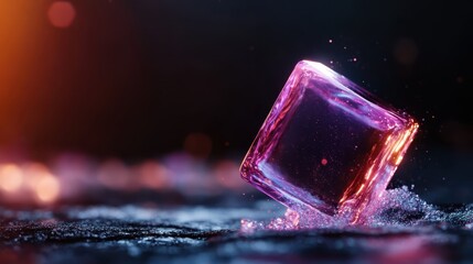 A single glowing pink cube rests on a textured surface with surrounding sparkling effects, presenting a futuristic and captivating visual aesthetic.