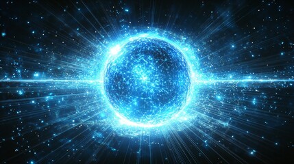 Obraz premium A blue glowing globe surrounded by digital lines and beams on a black background