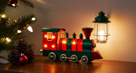 Naklejka premium Mini holiday train lantern with flickering lights casting light in a dim corner
