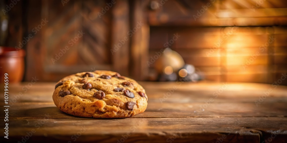 Poster A Close-Up of a Single Chocolate Chip Cookie on a Rustic Wooden Table with a Warm Glow in the Background