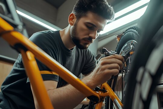 Man fixing bike with tools in a workshop