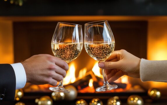 Couple toasting with sparkling wine in elegant glasses by a cozy fireplace during a festive evening celebration - Powered by Adobe