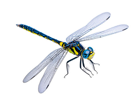 a blue and yellow dragonfly with transparent wings