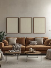 Gallery wall set of 3 empty blank frames in a modern minimalist living room with a brown cozy couch and bohemian decor. Wall set mockup in boho aesthetic.