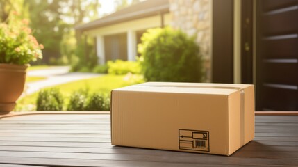 A cardboard delivery box sits on a sunny doorstep, exemplifying the convenience and efficiency of expedited shipping services.