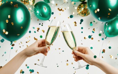 Celebratory toast with sparkling drinks under festive green balloons and confetti for a joyful occasion