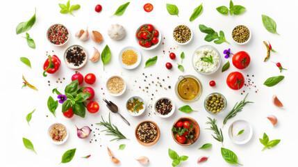 Organic Fresh ingredients Natural Vegan Healthy Main ingredients Healthy recipes isolated white background top view