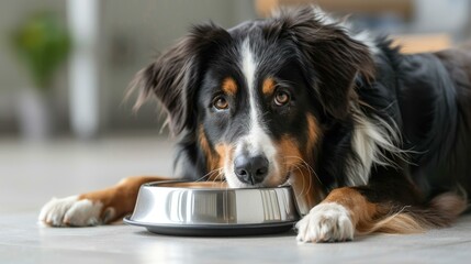 A cute Border Collie dog is eating food from a metal bowl
