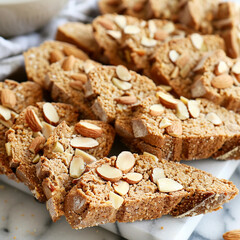 Fototapeta premium A close-up of freshly baked almond biscotti, arranged on a marble surface. The crunchy biscotti are perfect for dipping in coffee or tea