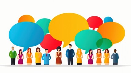 Diverse group of people interacts with colorful chat bubbles, representing vibrant communication and multicultural collaboration.