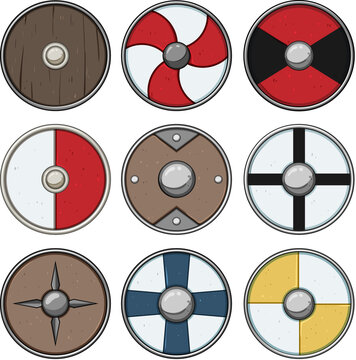 viking shield set cartoon. defense round, iron historical, replica medieval viking shield sign. isolated symbol vector illustration