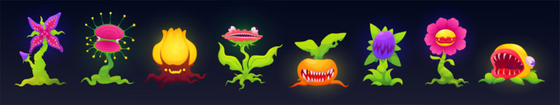 Fantasy plant monster. Alien flower. Evil blossom. Mystic flora. Predatory garden. Carnivorous and venomous creature. Game forest. Fairy botany. Hungry bloom. Vector cartoon botanical characters set