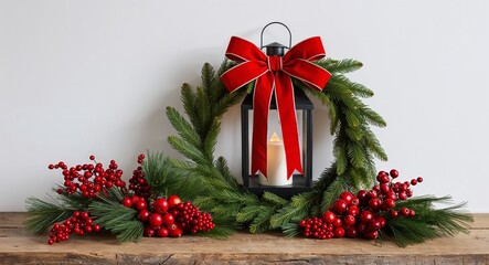Pine wreath lantern with red berries and bows on plain white background