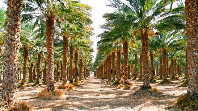 Plantation of date palms for healthy and GMO free food production. Date palm is iconic ancient plant and famous food crop in the Middle East and North Africa, it has been cultivated for 5000 years