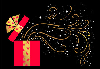 Holiday celebration Christmas card design with pink gift box is wrapped in pink paper with a gold ribbon .  a decorative border with swirls and stars EPS Vector 