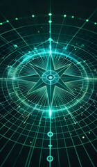 Fototapeta premium A holographic nautical compass on top of glowing lines representing network communication with sparkles of light in green and blue tones
