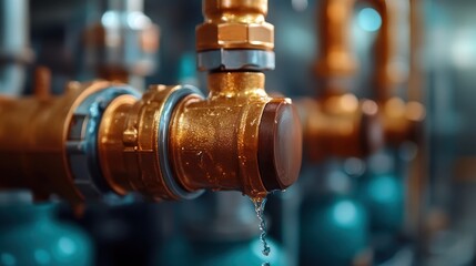 This image captures a close-up of a leaking pipe in an industrial environment, showcasing droplets of water and copper valves in focus against a blurred background.