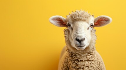 Close-up portrait of a sheep against a yellow background