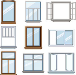 window frame set cartoon. glazing mullion, transom casement, jamb muntin window frame sign. isolated symbol vector illustration