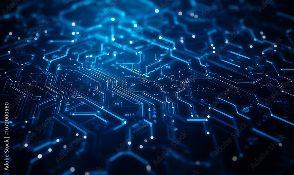 Aufkleber A vibrant blue digital circuit pattern, showcasing intricate connections and glowing nodes, representing advanced technology and data flow.