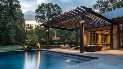 "A modern metal pergola designed for comfort and coziness, featuring LED lights that illuminate the columns. Hanging furniture is placed next to a pool, creating a serene and stylish outdoor space."

