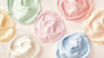 Fototapeta premium Colorful swirls of cream in pastel shades, perfect for desserts and culinary art.