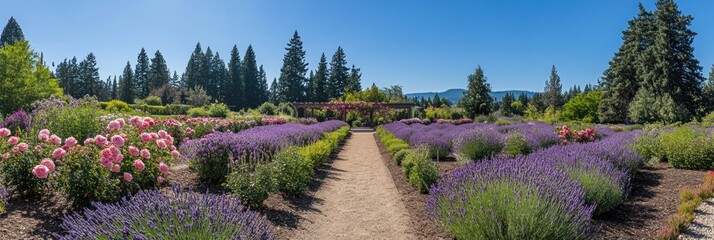 A path through a lavender field leads to a rose garden with trees in the background.