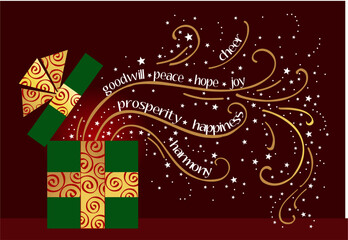 Holiday celebration Christmas card design with green gift box is wrapped in gree paper with a gold ribbon .  cursive text font , a decorative border with swirls and stars EPS Vector Illustration 