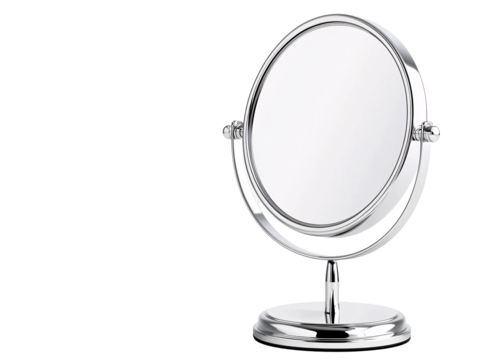 a silver mirror with a stand