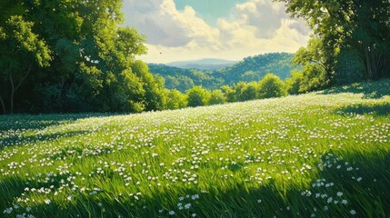 Fototapeta premium A sunlit grass field with a variety of textures, from soft tall grass to patches of clover.