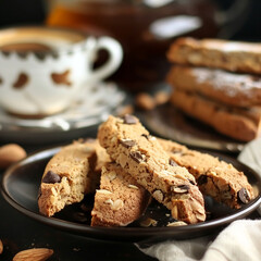 Fototapeta premium A plate of chocolate chip biscotti, with almonds, sits on a table next to a cup of coffee