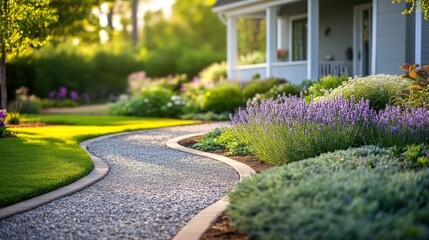 Obraz premium A winding stone path leads to a beautiful home with a lush green lawn and vibrant flower beds.