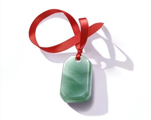 Elegant jade pendant with a red ribbon, symbolizing tradition and good fortune.