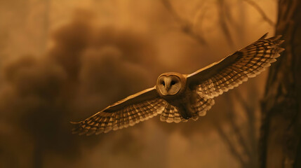 An owl flying through heavy smoke from a wildfire