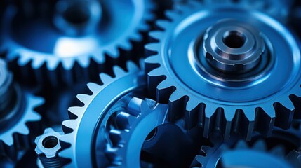 A close-up of vibrant blue mechanical gears interlocking with precision, showcasing engineering excellence and complexity.