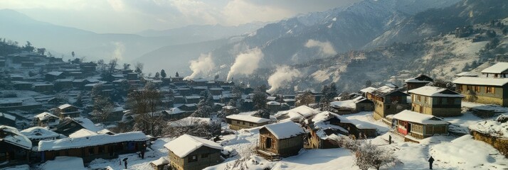 A snowy village nestled in the mountains with wispy clouds in the sky.
