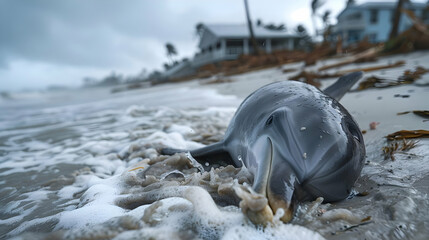 A dolphin washed ashore by a hurricane