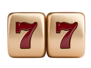 a pair of gold dice with red numbers