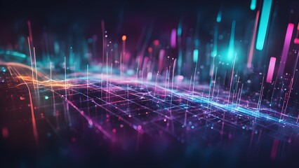 A vibrant digital landscape with glowing lines and particles, representing data visualization.