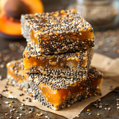 A stack of homemade chewy bars, covered in sesame seeds, sits on a piece of parchment paper