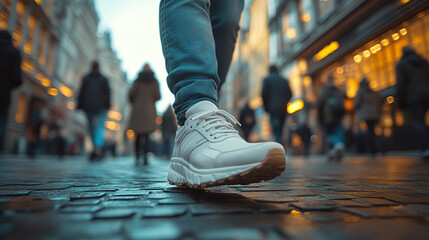 Fototapeta premium diverse group of people walking down a city street, focused on their shoes. This scene symbolizes movement, progress, and personal style, with shoes representing individuality and journey