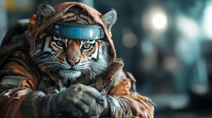 A tiger dressed in detailed armor and a blue visor sits calmly, presenting a surreal and artistic blend of wildlife strength with futuristic technology imagery.