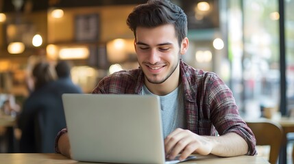 Smiling Man Working On Laptop At Coffee Shop