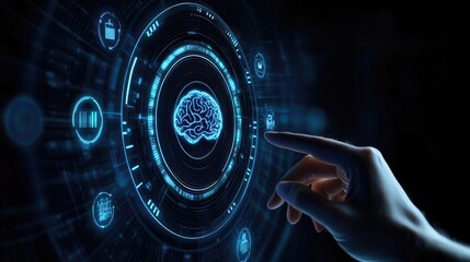A woman's hand is pointing towards brain icon hologram at the center of a screen full of digital data and network connections creating a circular shape and flow in neon lights. AI  banner.