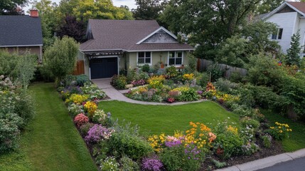 Obraz premium Aerial view of a small front lawn with artistic garden designs and seasonal blooms around the border.