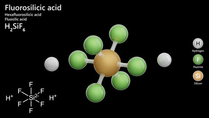 Molecule: Fluorosilicic Acid. Molecular structure. Formula: H2SiF6. Chemical model: Ball and stick. Black background. 3D illustration.